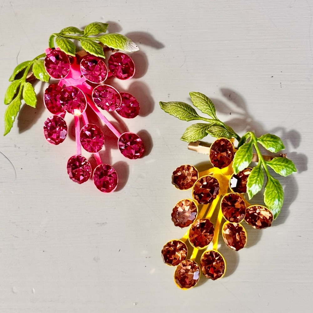Vintage Neon Pink & Yellow Brooches with Crystal Rhinestones Grapes